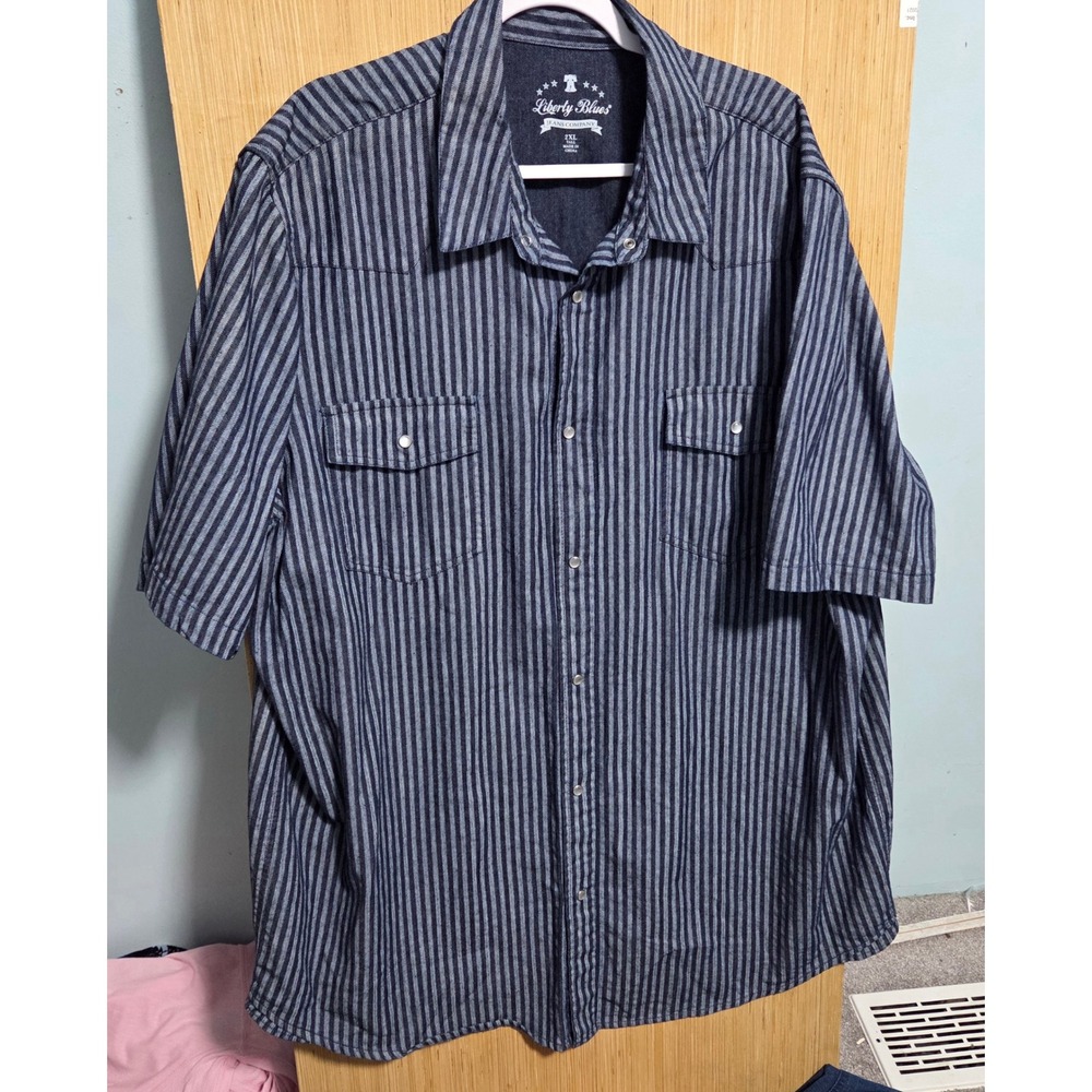 Liberty Blues Mens 2XL Tall Blue Striped Short Sleeve Western Snap Denim Shirt